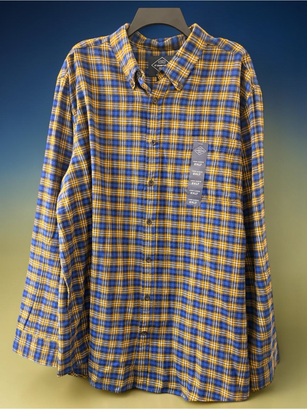 Unisex Big and Tall St. John's Bay Blue Yellow Plaid Flannel Shirt size 2XLT
